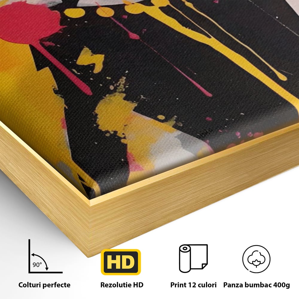 Detaliu al suprafetei: tablou canvas cu femeie in stil pop art, in rama de aluminiu auriu